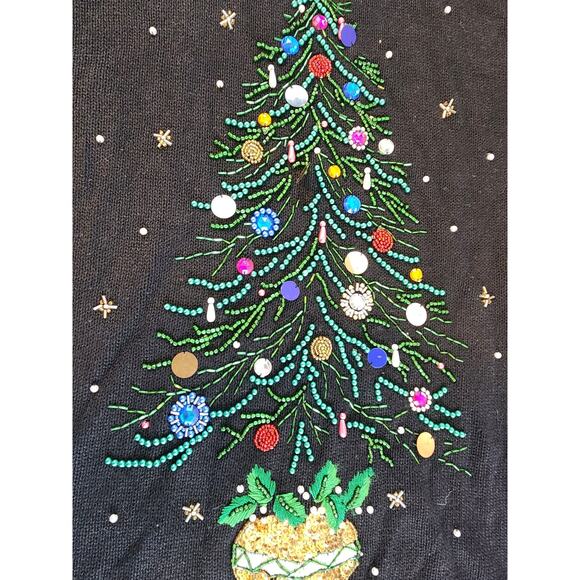 B P Designs sz Large Holiday sweater Christmas tree bling tunic knit black red - Picture 6 of 14